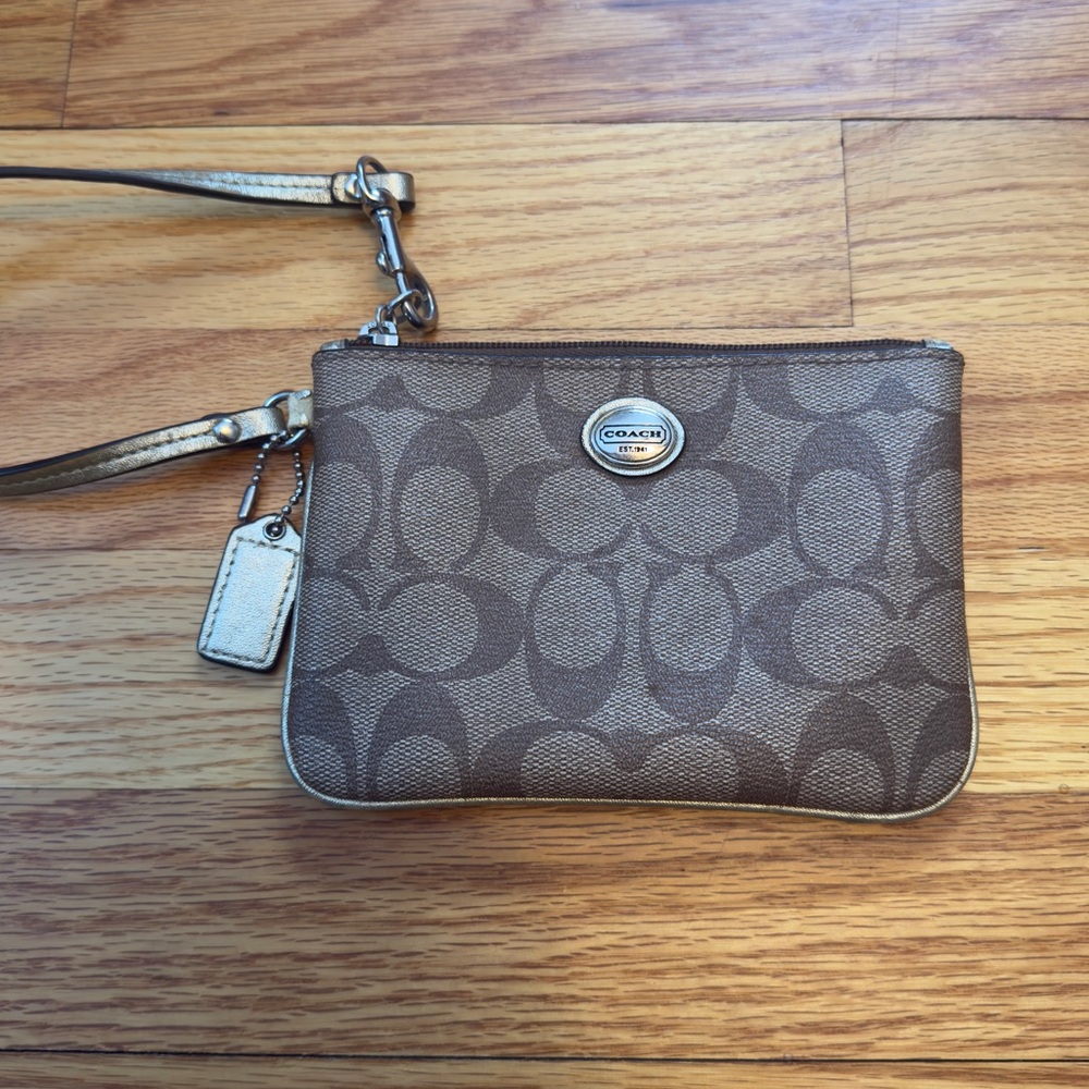 Coach Tan Signature Wristlet with Gold Accents